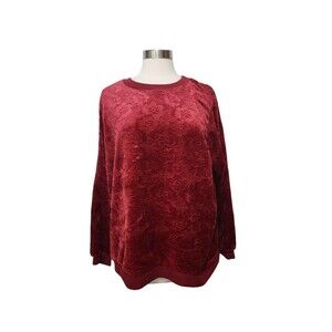 Womens 2X Top Red Velour Faux Fur Floral Embossed Pullover Long Sleeve Holiday